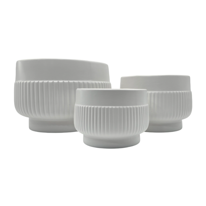 Set 3 Maceteros Maceta De Ceramica Lineas Relieve Blanco-0