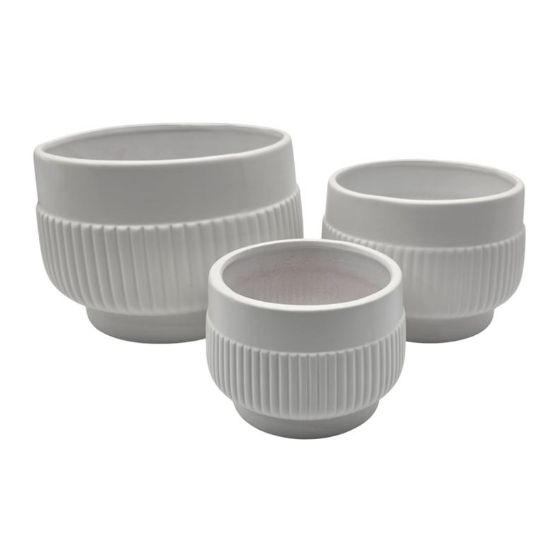 Set 3 Maceteros Maceta De Ceramica Lineas Relieve Blanco-2