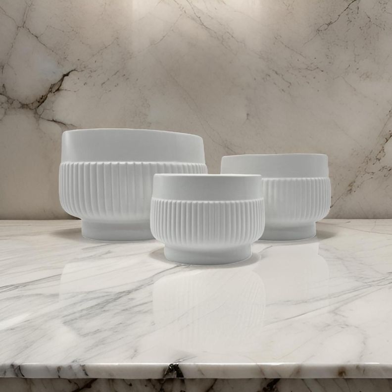 Set 3 Maceteros Maceta De Ceramica Lineas Relieve Blanco-3
