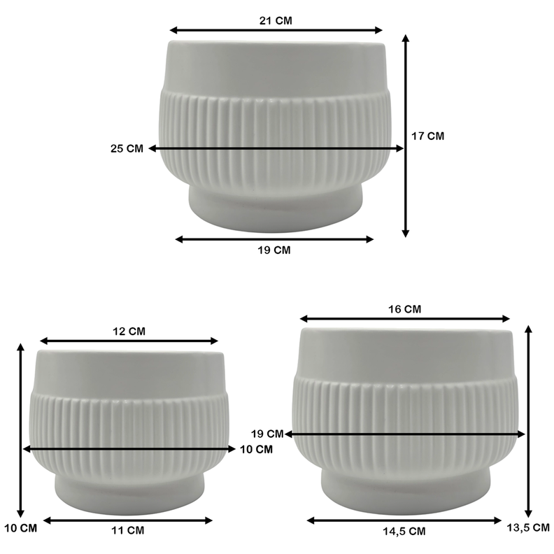 Set 3 Maceteros Maceta De Ceramica Lineas Relieve Blanco-8