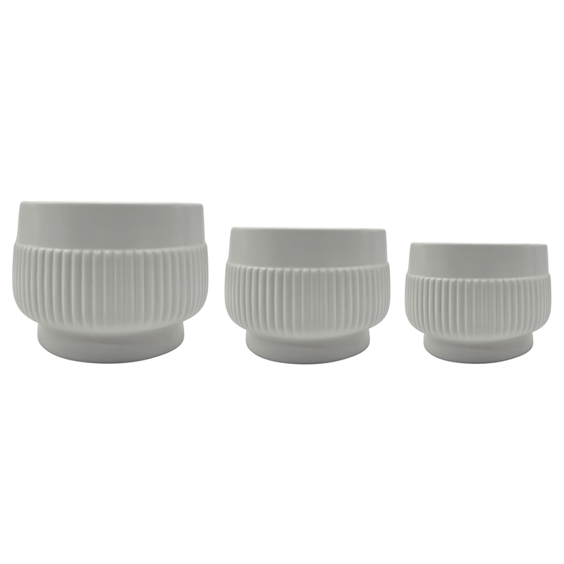 Set 3 Maceteros Maceta De Ceramica Lineas Relieve Blanco-9