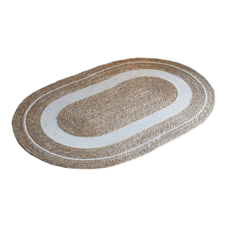 Alfombra De Yute Rustica Ovalada Natural Con Franja Blanca S-0