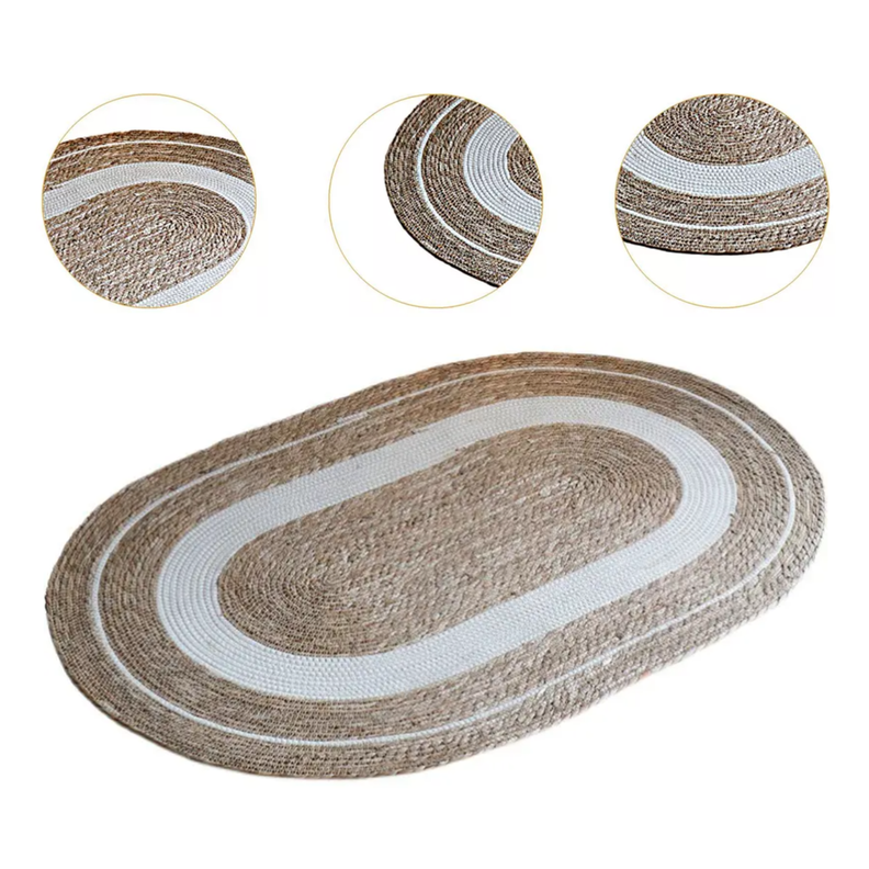 Alfombra De Yute Rustica Ovalada Natural Con Franja Blanca S-1