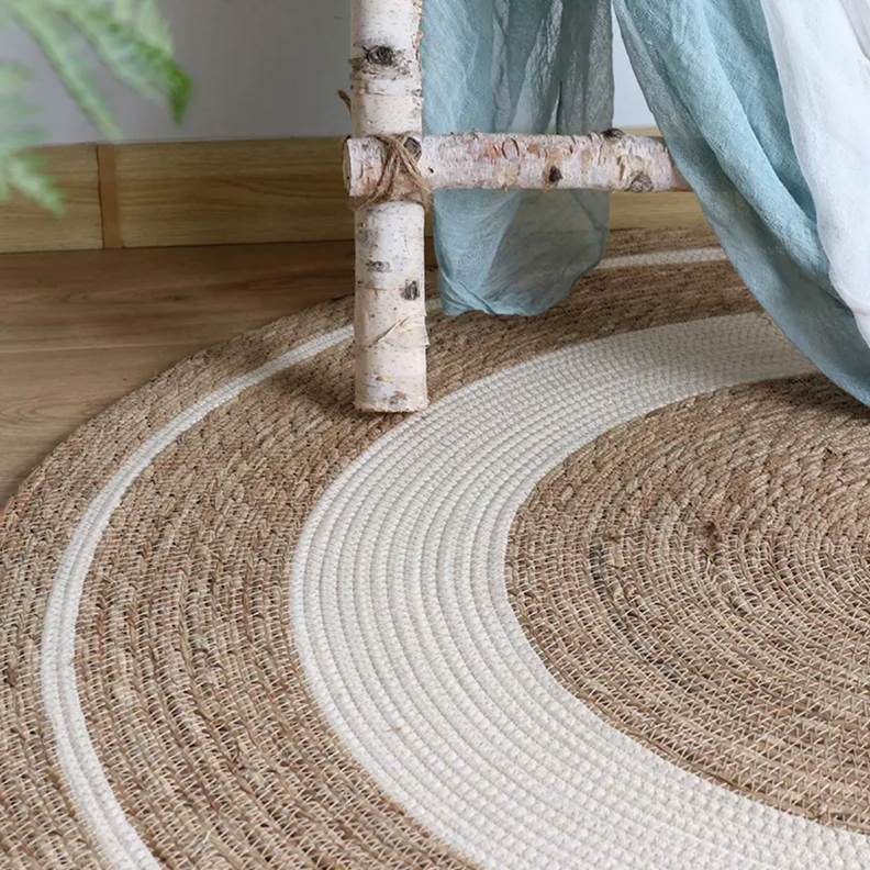 Alfombra De Yute Rustica Ovalada Natural Con Franja Blanca S-2