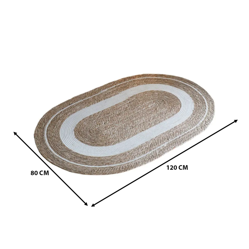 Alfombra De Yute Rustica Ovalada Natural Con Franja Blanca S-4