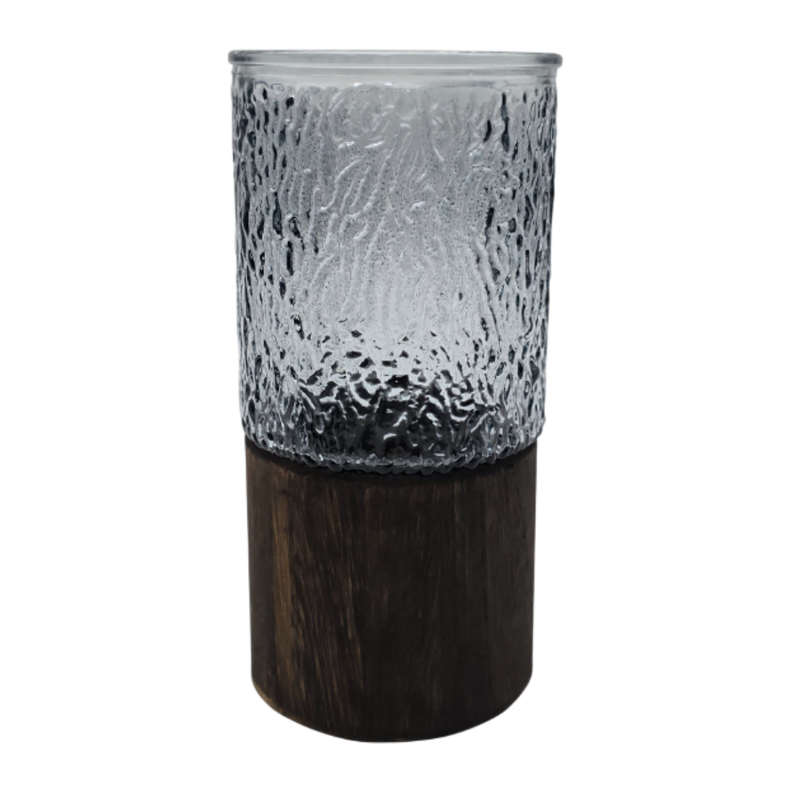 Florero Decorativo De Vidrio Oscuro Diseño Base de Madera-0