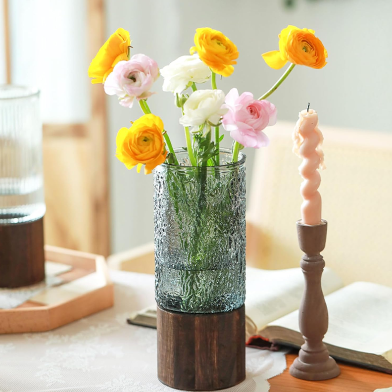 Florero Decorativo De Vidrio Oscuro Diseño Base de Madera-5