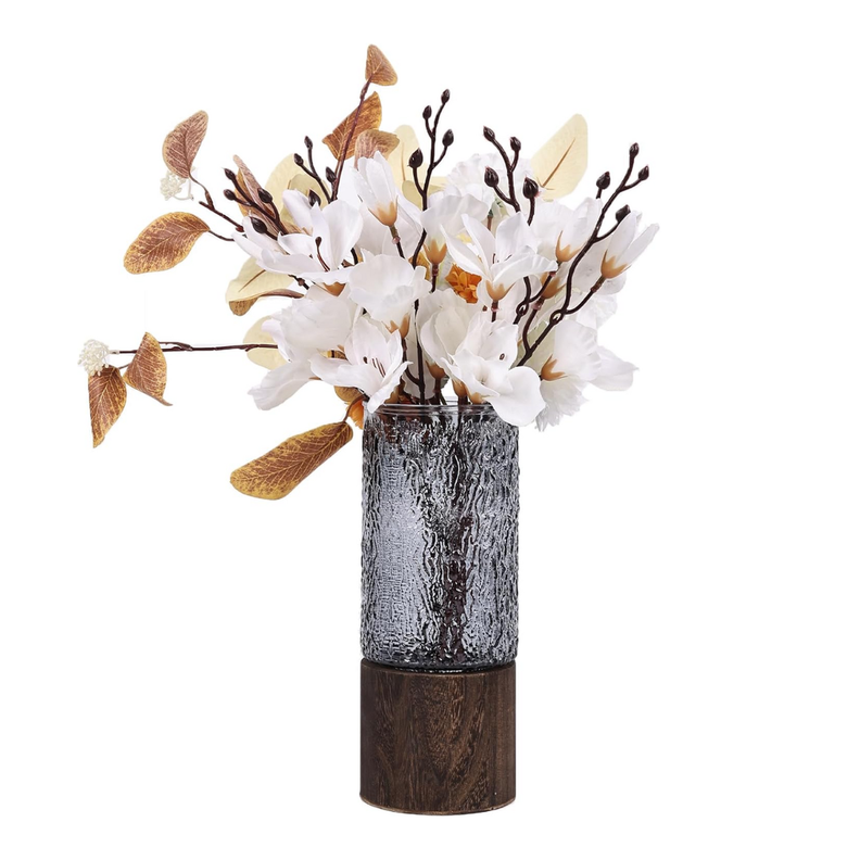 Florero Decorativo De Vidrio Oscuro Diseño Base de Madera-6