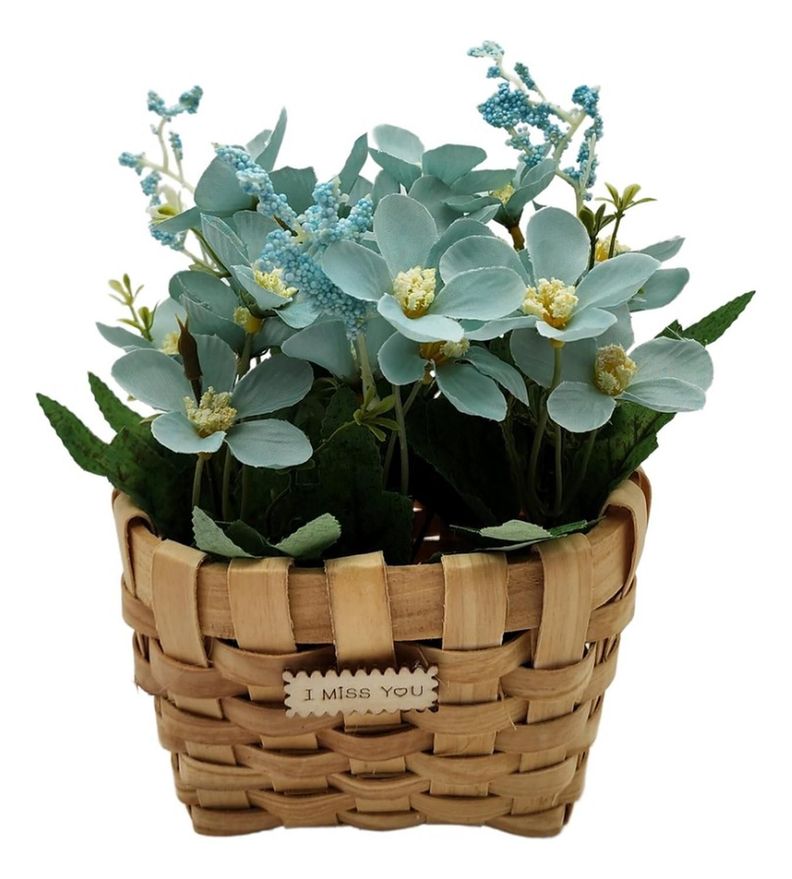 Planta Artificial Macetero Estilo Mimbre Flores Celestes-0