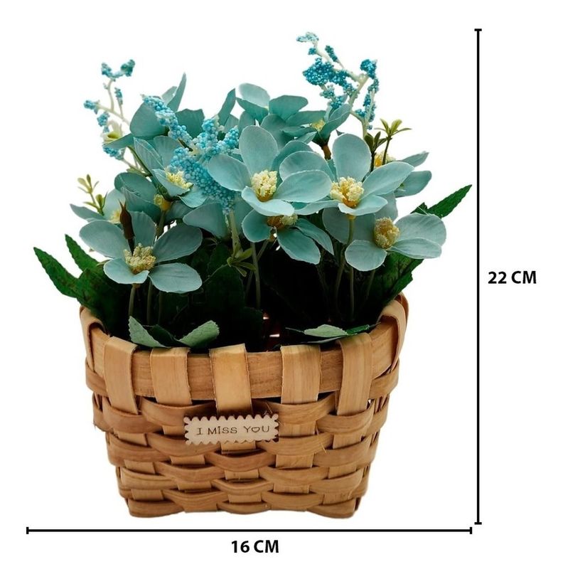 Planta Artificial Macetero Estilo Mimbre Flores Celestes-2