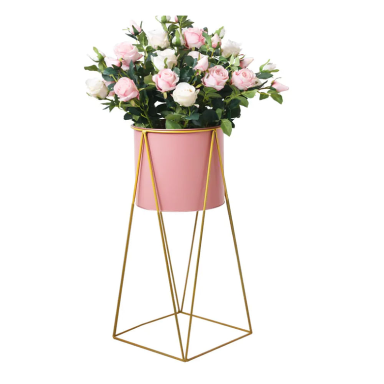 Porta Macetero Pedestal Maceta Plantas Rosado Dorado Mediano-1