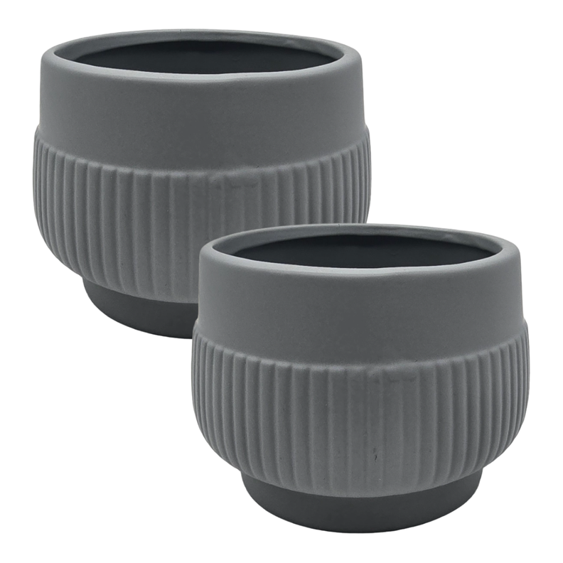Set 2 Macetero Maceta Acabado Mate Gris Con Lineas Relieve-0