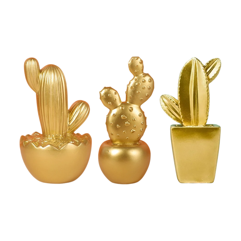 Set 3 Adornos Cactus De Resina Dorado Decoracion Mesa Office-0
