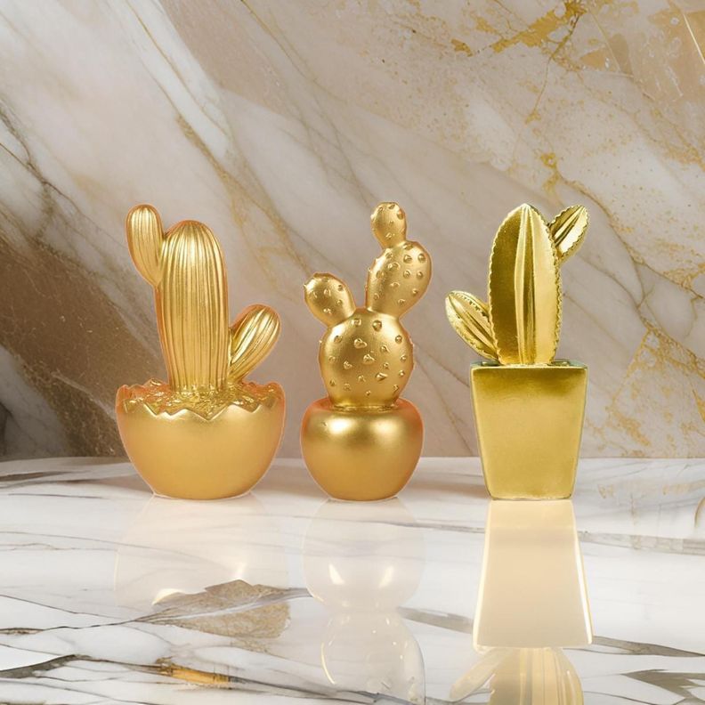 Set 3 Adornos Cactus De Resina Dorado Decoracion Mesa Office-1