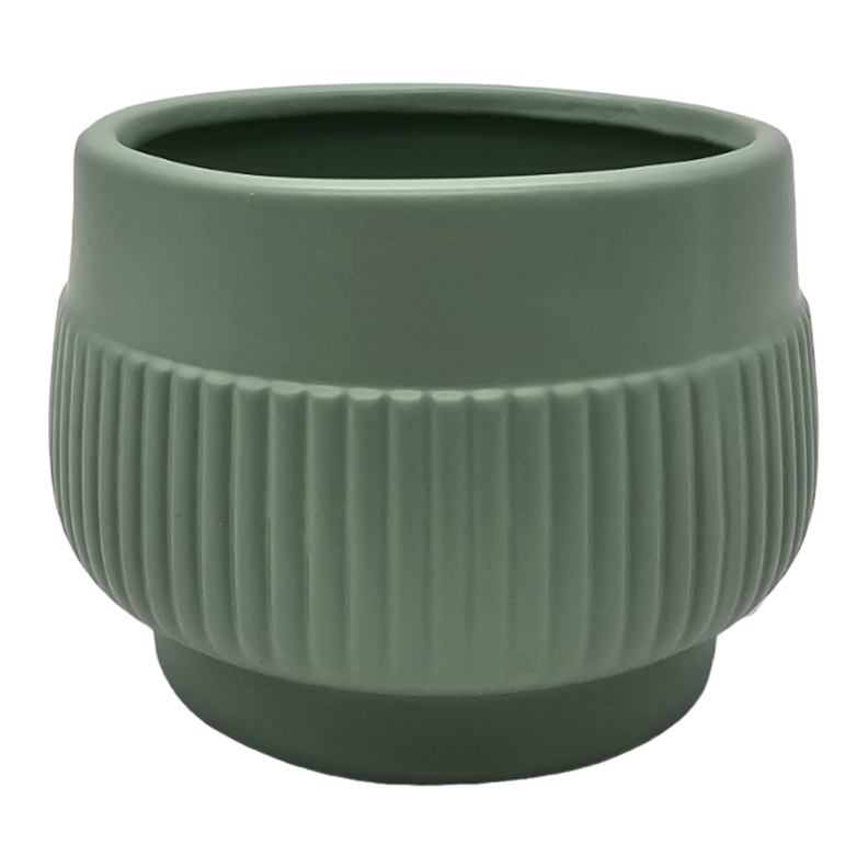 Macetero Maceta Acabado Mate Verde Con Lineas Relieve-0