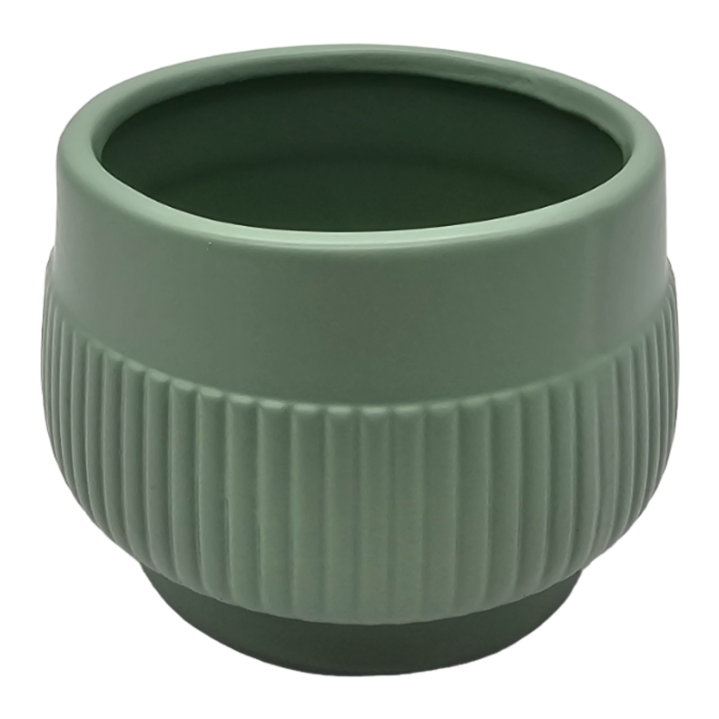 Macetero Maceta Acabado Mate Verde Con Lineas Relieve-1