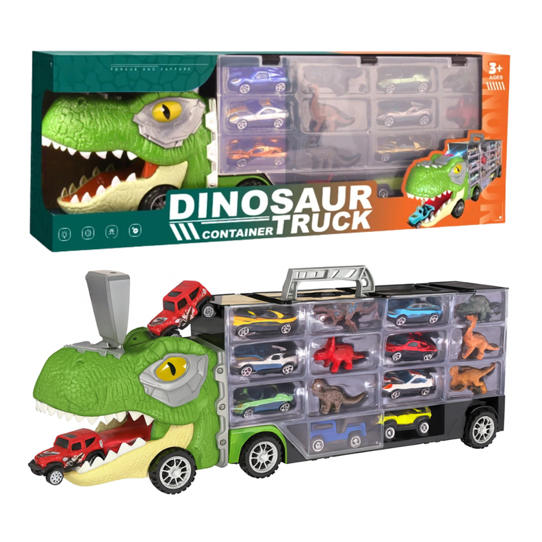 Camion Transportador Porta Autitos y Dinosaurios Juguete Verde