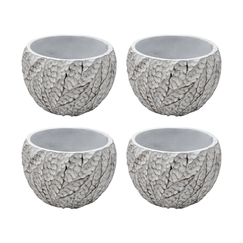 Set 4 Macetero Maceta Acabado Cemento Relieve Hojas Blanco S-0
