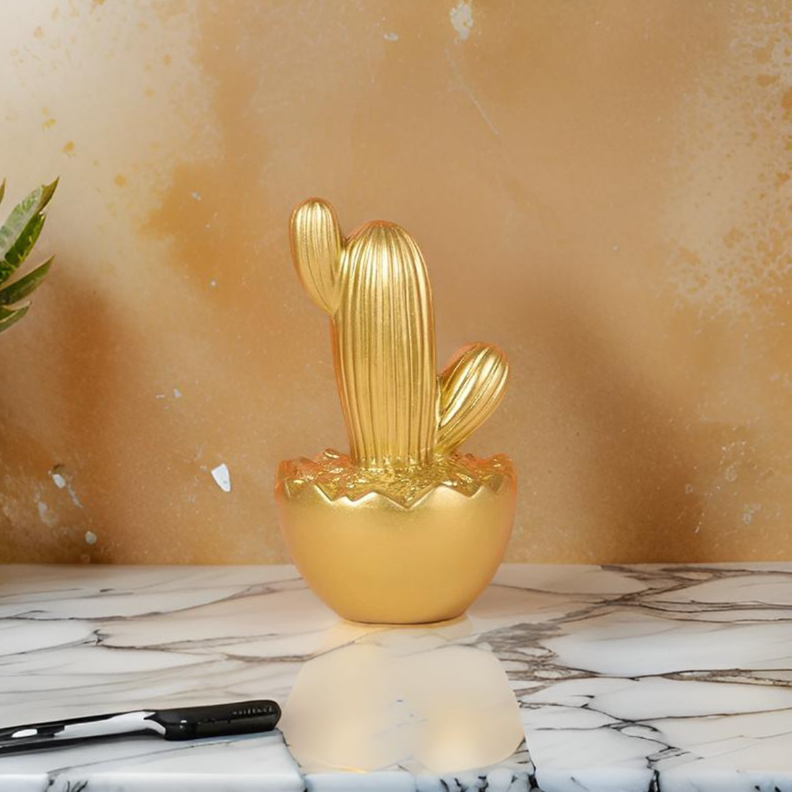 Adorno Cactus De Resina Dorado Decoracion Mesa Oficina D3-1