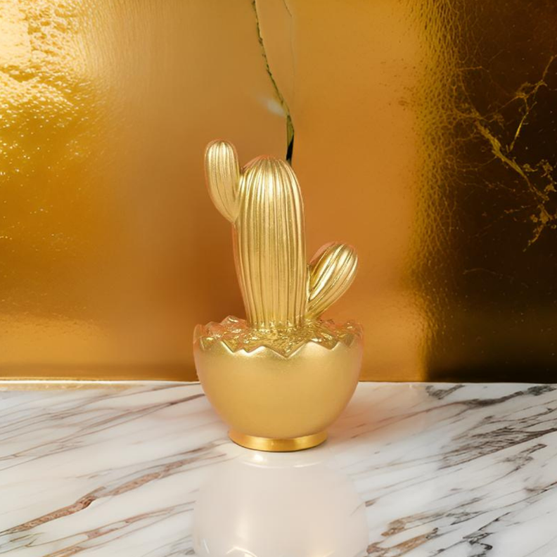 Adorno Cactus De Resina Dorado Decoracion Mesa Oficina D3-4