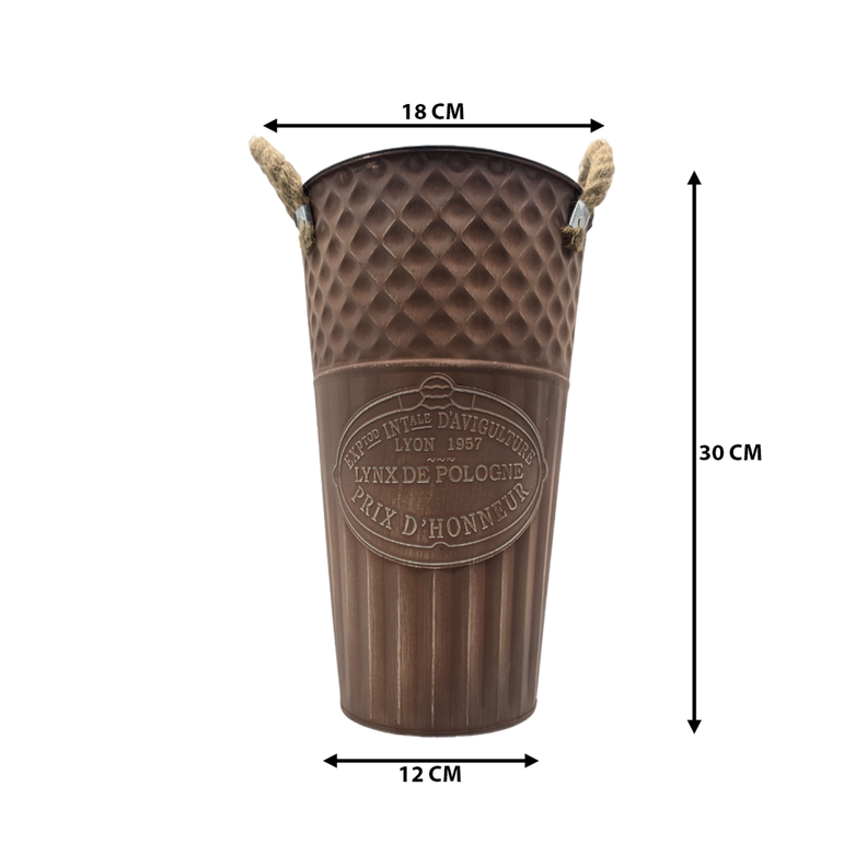 Macetero Balde Metalico Decorativo Vintage Desgastado Cafe M-2