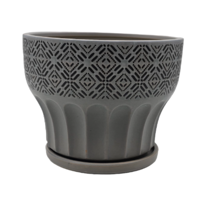 Macetero Maceta De Ceramica Gris Patrones Negro Alto M-0