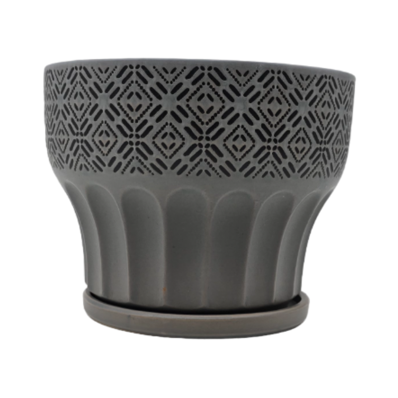 Macetero Maceta De Ceramica Gris Patrones Negro Alto M-1