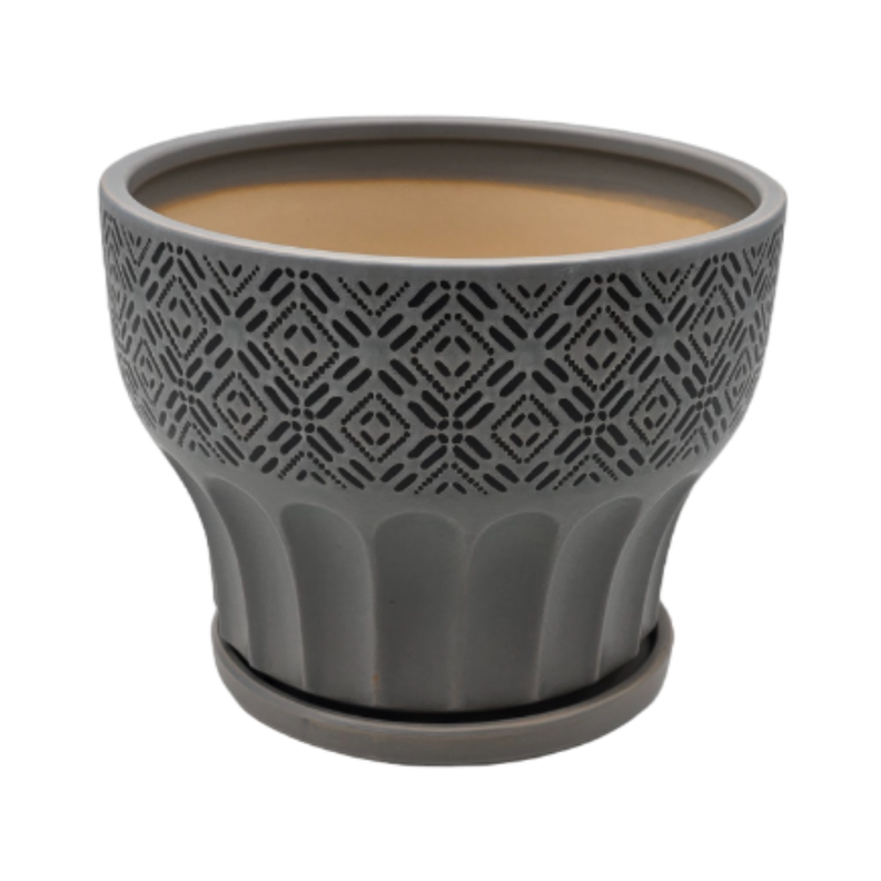 Macetero Maceta De Ceramica Gris Patrones Negro Alto M-2