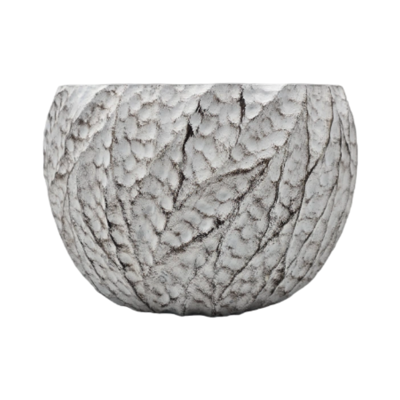 Macetero Maceta Acabado Cemento Relieve Hojas Blanco L-2