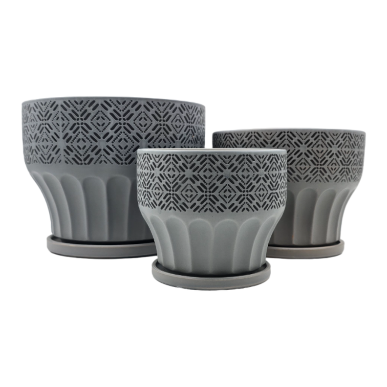 Set 3 Maceteros Maceta De Ceramica Gris Patrones Negro Alto-0