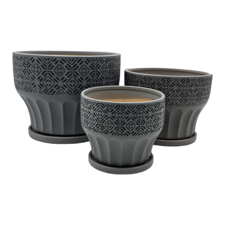 Set 3 Maceteros Maceta De Ceramica Gris Patrones Negro Alto-1