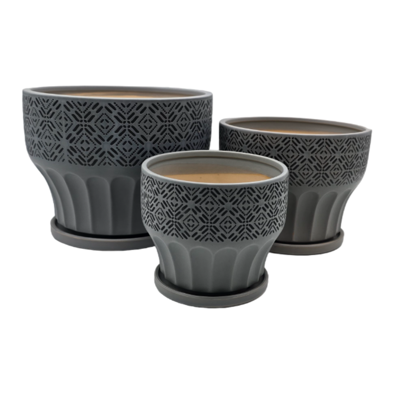 Set 3 Maceteros Maceta De Ceramica Gris Patrones Negro Alto-2