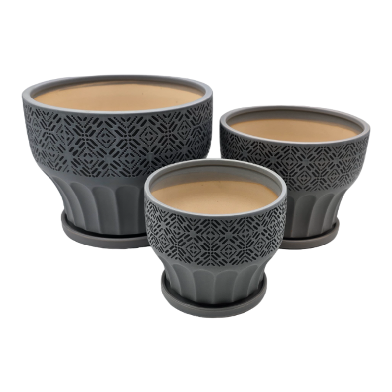 Set 3 Maceteros Maceta De Ceramica Gris Patrones Negro Alto-3
