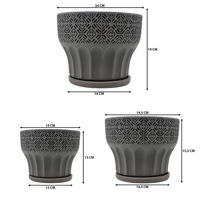Set 3 Maceteros Maceta De Ceramica Gris Patrones Negro Alto-6