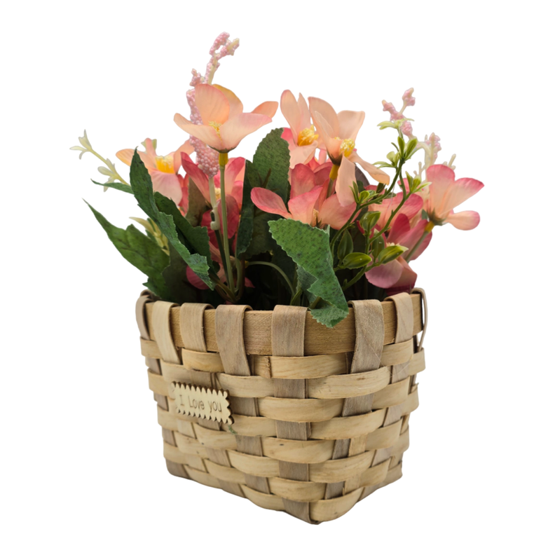 Planta Artificial Macetero Estilo Mimbre Flores Rosados-3