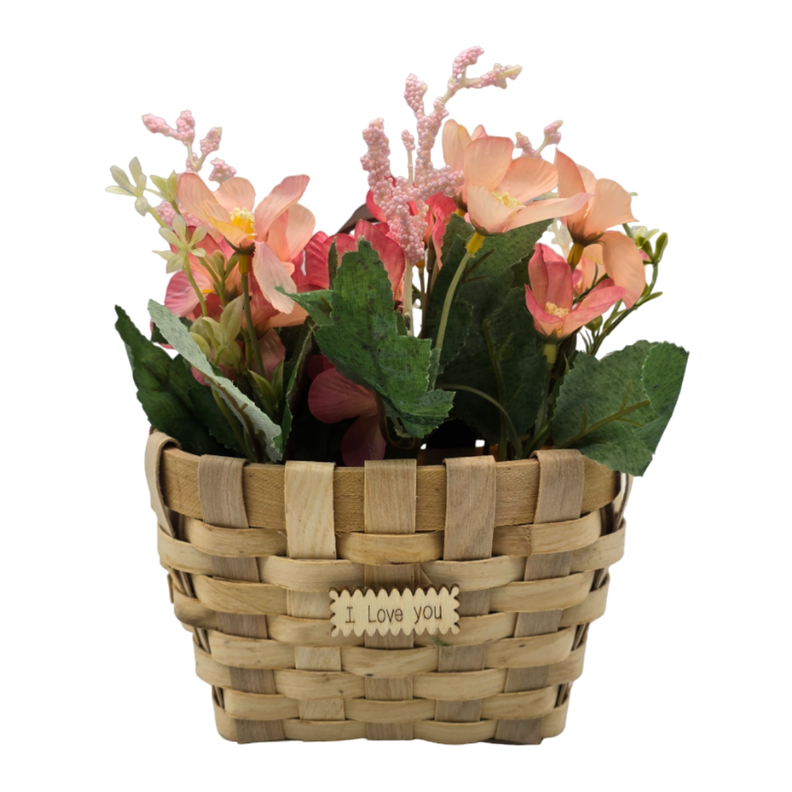 Planta Artificial Macetero Estilo Mimbre Flores Rosados-4