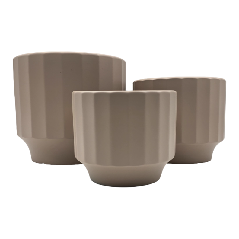 Set 3 Macetero Maceta De Ceramica Beige Lineas Verticales-0