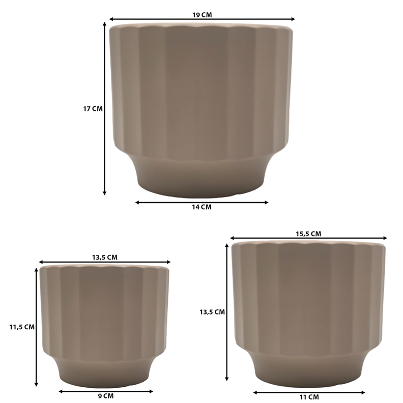 Set 3 Macetero Maceta De Ceramica Beige Lineas Verticales-6