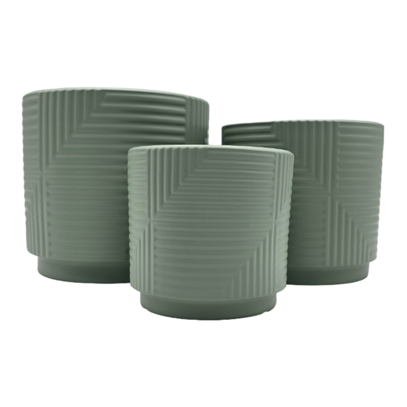 Set 3 Maceteros Maceta De Ceramica Verde Con Lineas Cuadrada-0