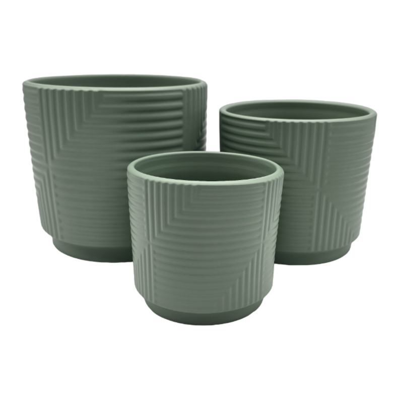 Set 3 Maceteros Maceta De Ceramica Verde Con Lineas Cuadrada-1