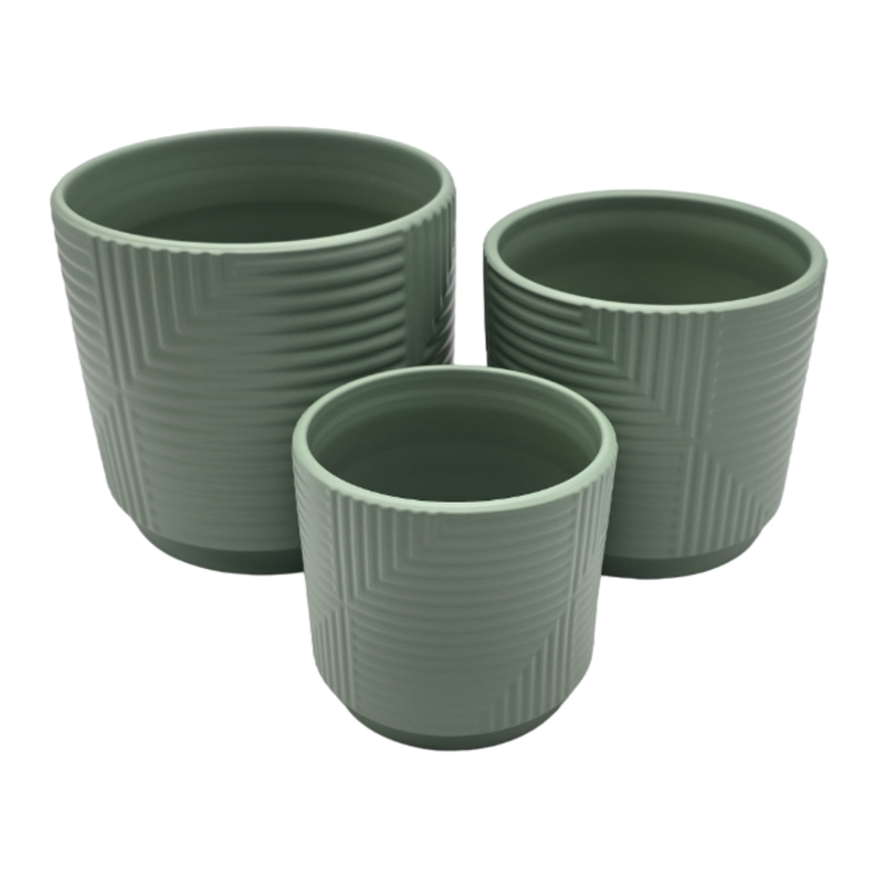 Set 3 Maceteros Maceta De Ceramica Verde Con Lineas Cuadrada-2