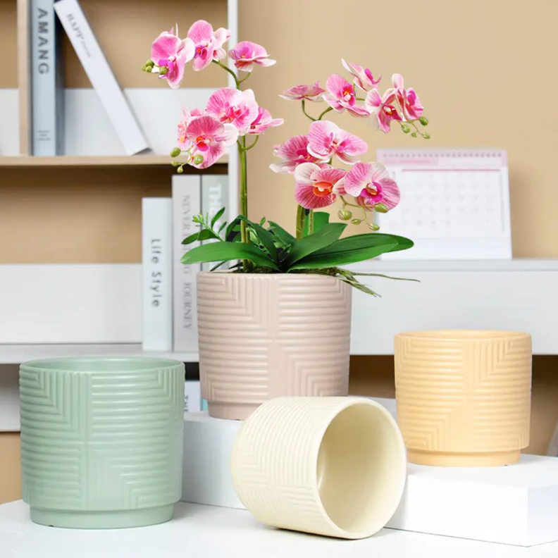 Set 3 Maceteros Maceta De Ceramica Verde Con Lineas Cuadrada-3