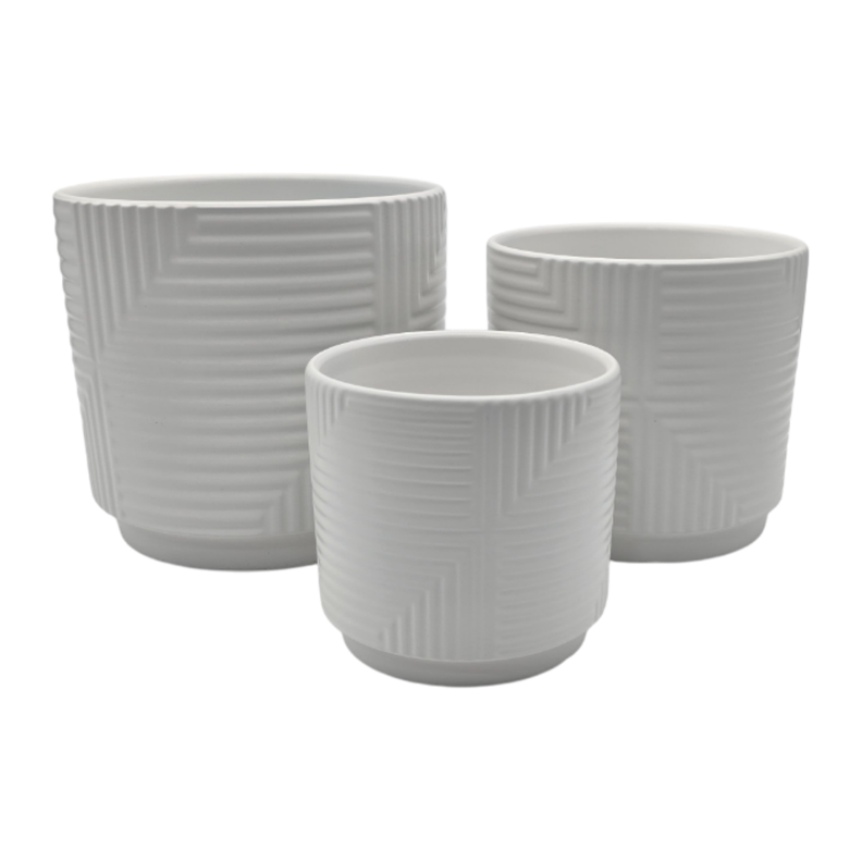 Set 3 Maceteros Maceta De Ceramica Blanco Con Linea Cuadrada-0