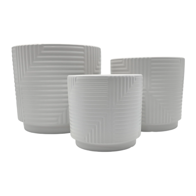 Set 3 Maceteros Maceta De Ceramica Blanco Con Linea Cuadrada-1