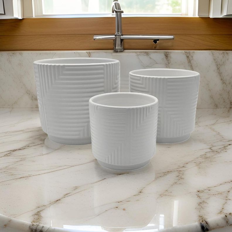 Set 3 Maceteros Maceta De Ceramica Blanco Con Linea Cuadrada-4