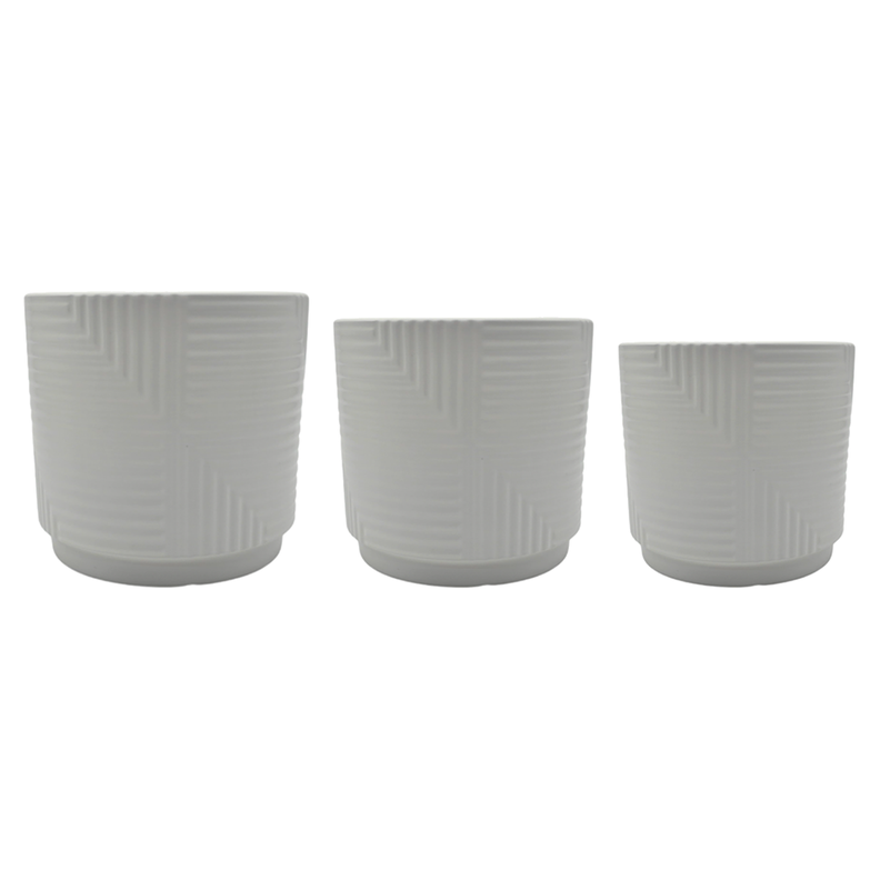 Set 3 Maceteros Maceta De Ceramica Blanco Con Linea Cuadrada-7