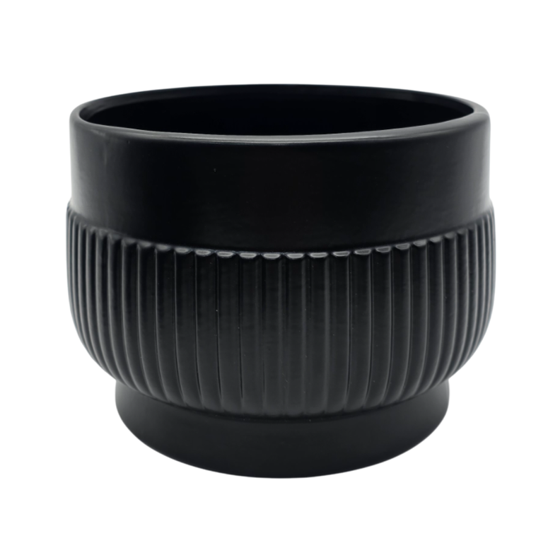 Macetero Maceta De Ceramica Lineas Relieve Negro S-0