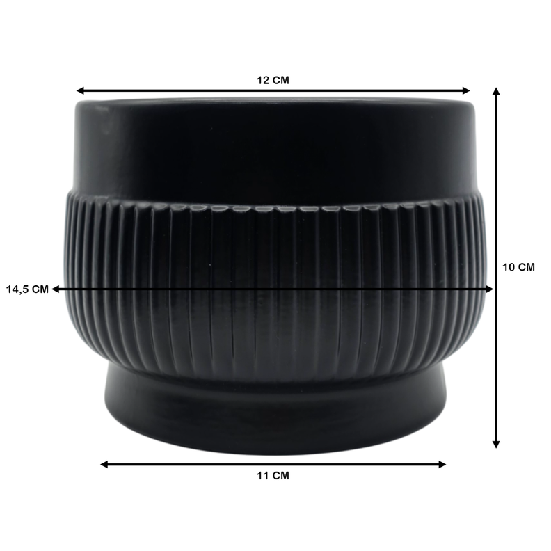 Macetero Maceta De Ceramica Lineas Relieve Negro S-9