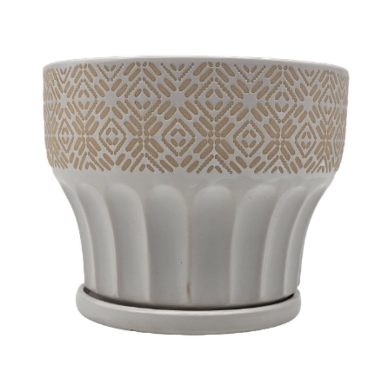 Macetero Maceta De Ceramica Blanco Patrones Beige Alto L-0