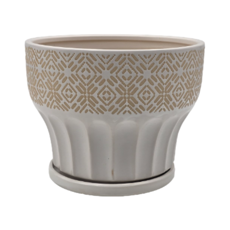 Macetero Maceta De Ceramica Blanco Patrones Beige Alto L-1